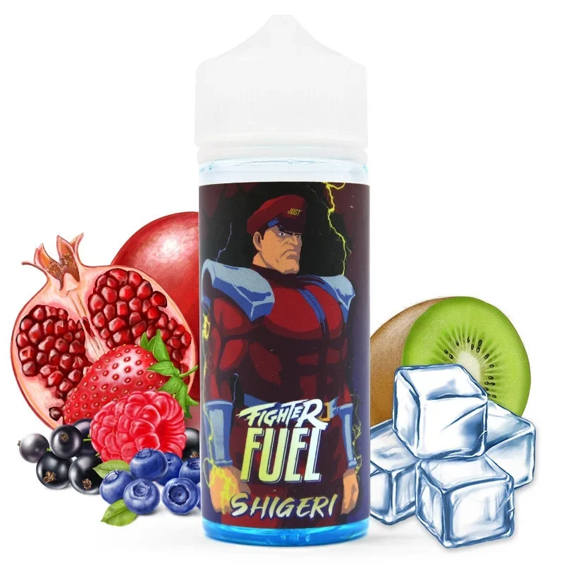 Eine Flasche E-Liquid „Fighter Fuel Shigeri“ mit illustriertem Superhelden und verschiedenen Früchten und Eiswürfeln drumherum.