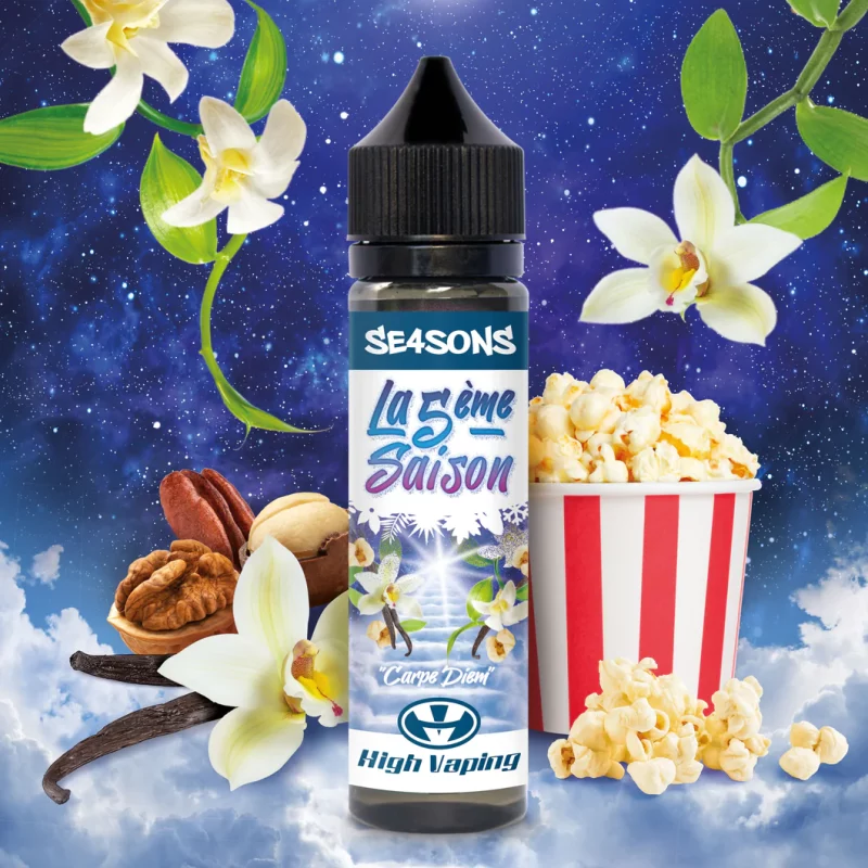 Eine Flasche High Vaping - Die 5. Saison E-Liquid mit einer herrlichen Kombination aus Popcorn und Blumen, perfekt für High-Vaping-Enthusiasten.