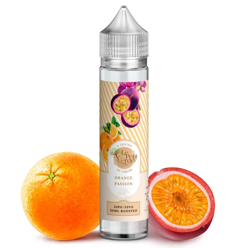 Une bouteille de E-Liquide Le Petit Verger - Orange Passion à côté d'une orange.