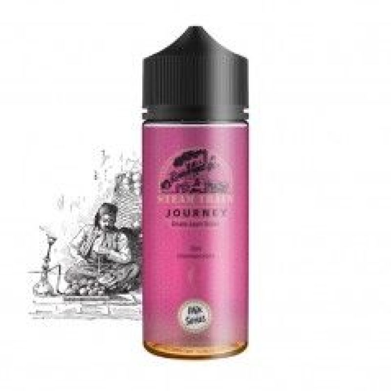 Une bouteille rose de E-Liquide Steam Train - Journey 100ML avec un dessin d'un train à vapeur dessus.