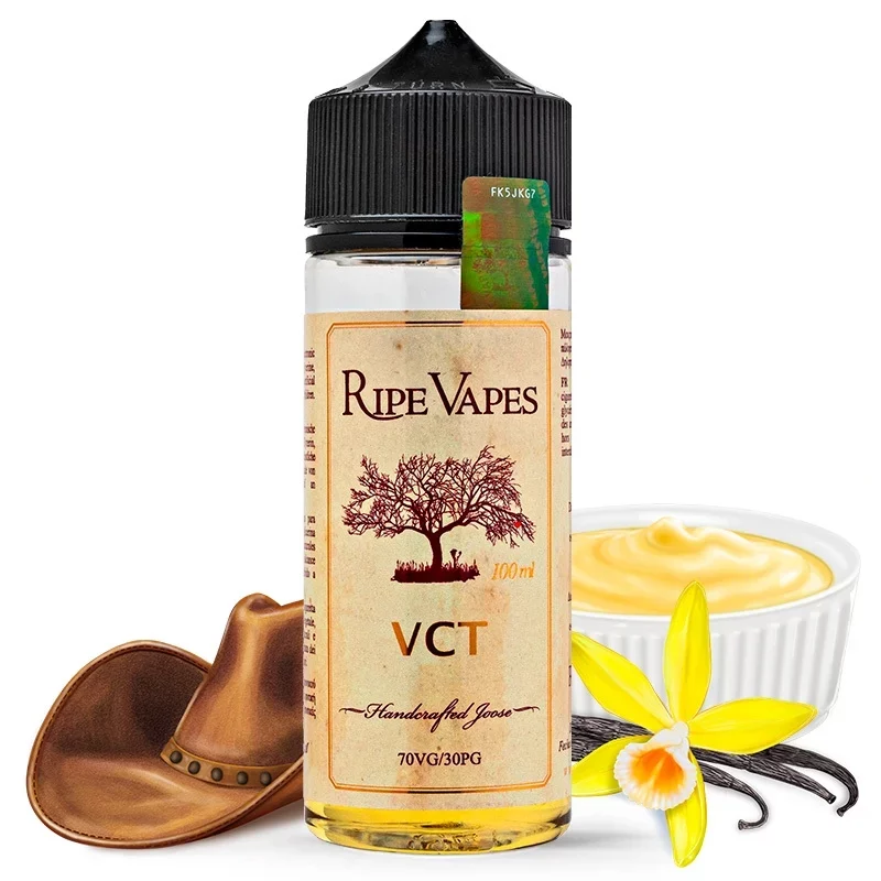 Un flacon de e-liquide Ripe Vapes - VCT 100ML, infusé à la vanille et orné d'un chapeau de cowboy.